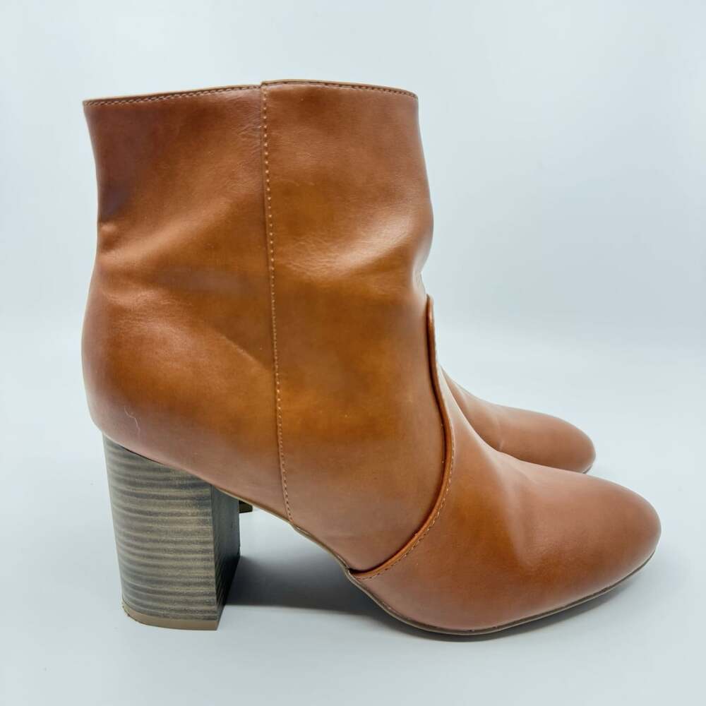 Old Navy PU Clean Booti Cognac Ankle Bootie Block Heel Almond Toe Zipper